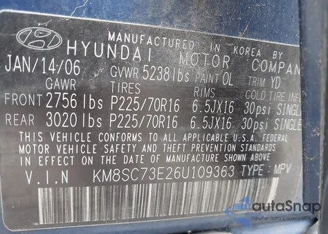 2006 Hyundai Santa Fe Gls/Limited из США, поврежденный, VIN KM8SC73E26U109363